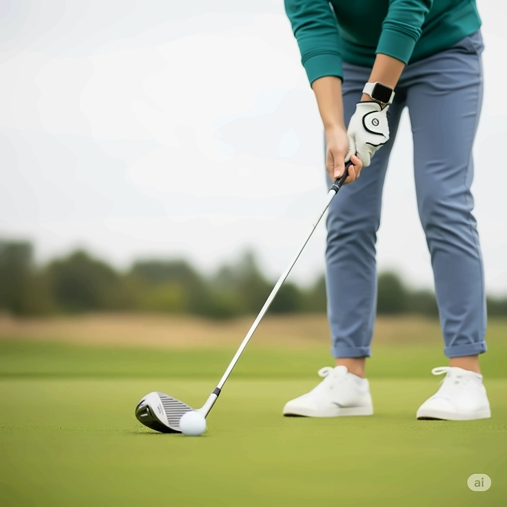 A beginner golfer making solid contact with a golf ball using a forgiving iron, highlighting the success achievable with the right equipment.