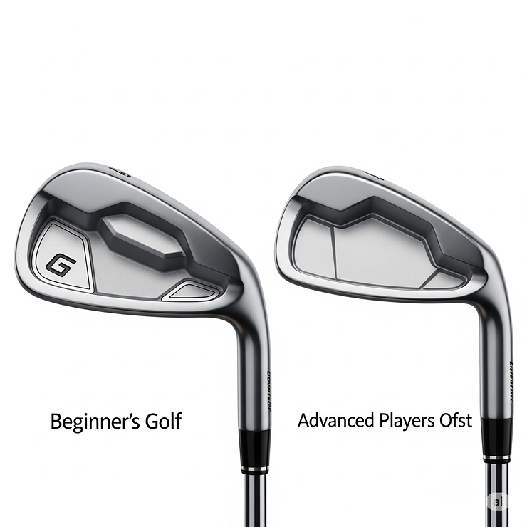 Visual comparison illustrating the larger, more forgiving clubhead of beginner golf irons next to a compact blade-style iron for advanced players.