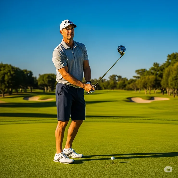 A golfer holding one of the best hybrid golf clubs on a sunny course, ready to take a swing. This image highlights the versatility and performance of top-rated hybrid golf clubs for various lies.