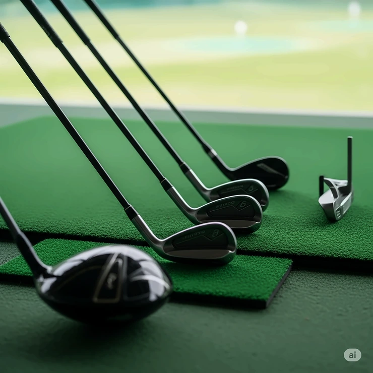 Black golf clubs laid out on the mat of a driving range, awaiting use for practice swings and improving technique.