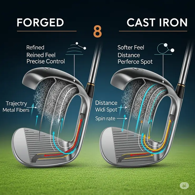 Illustration highlighting the construction differences between forged and cast golf 8 irons, impacting feel and performance.