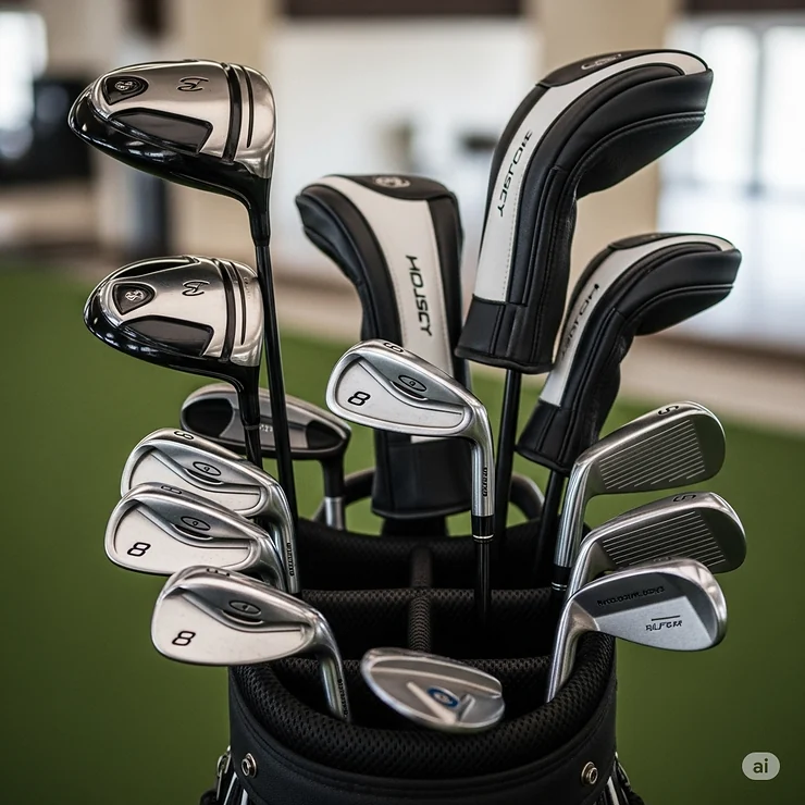 An organized golf bag with various clubs, prominently featuring the golf iron 8 as an essential mid-iron.
