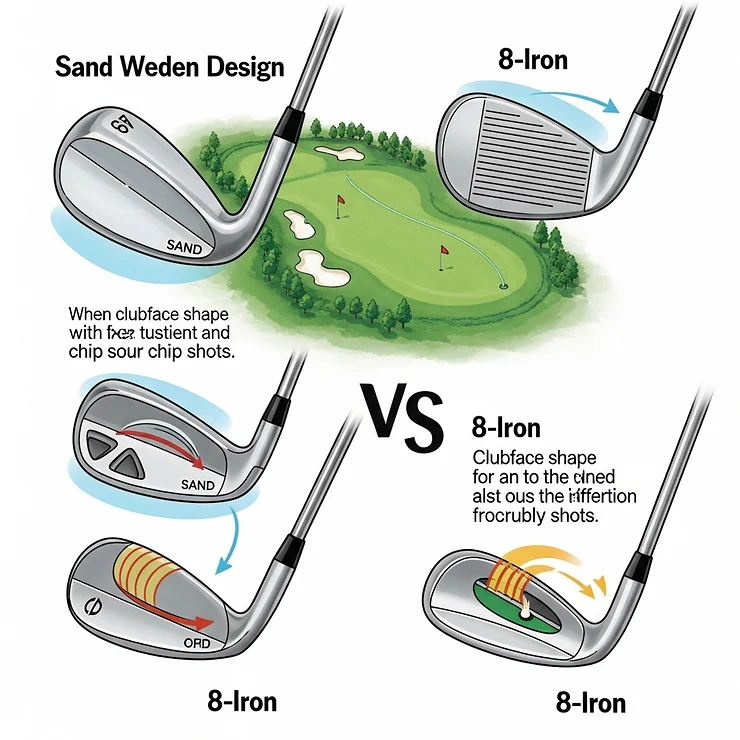 Illustration comparing various golf clubs, including a sand wedge and an 8-iron, commonly used for different types of golf club chip shots.