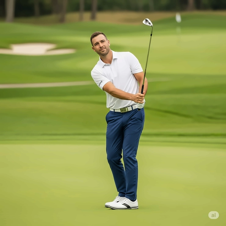 Image capturing a golfer's short and controlled follow-through after striking a successful golf club chip, indicating good balance.