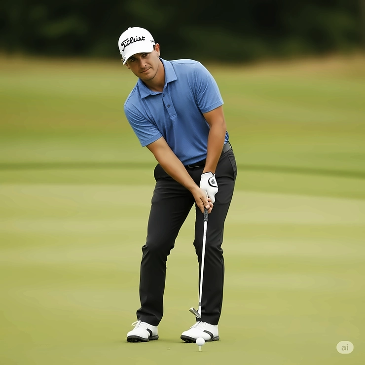 Visual guide showing a golfer's balanced stance and forward weight distribution crucial for an effective golf club chip.