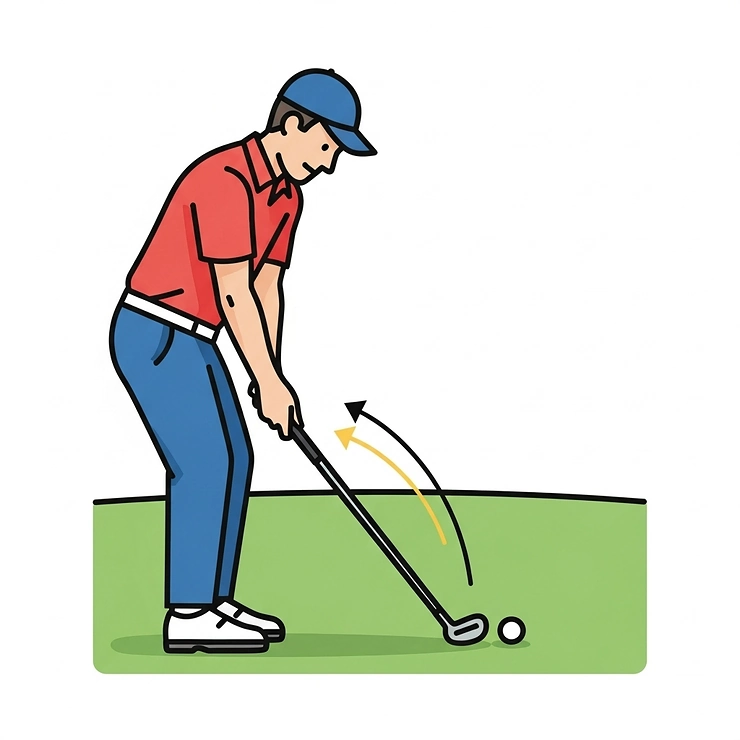 Simple illustration detailing the compact swing path for a short, controlled golf club chip, emphasizing a pendulum motion.