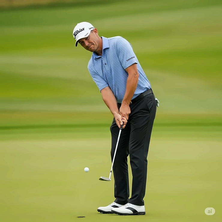 A golfer executing a precise golf club chip shot with a wedge, the ball landing softly on a lush green near the hole.