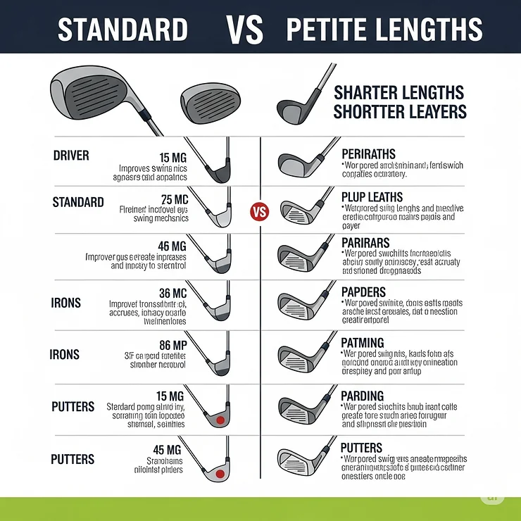 Infographic comparing the shorter shaft lengths of ladies petite golf clubs to standard clubs, highlighting the benefits for golfers under 5'4".