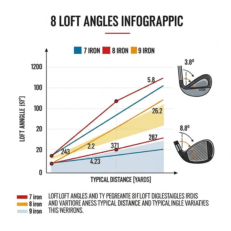Infographic comparing the loft angles and typical distances of an 8 iron in relation to 7 irons and 9 irons.