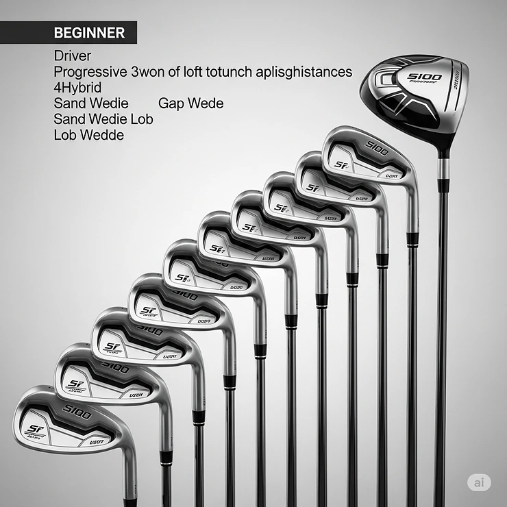 A complete set of golf irons with varying lofts, specifically chosen to provide optimal trajectory and distance gapping for beginner golfers.