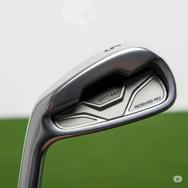 Close-up of a cavity-back golf iron, ideal for beginners due to its high MOI and enhanced forgiveness on off-center strikes.