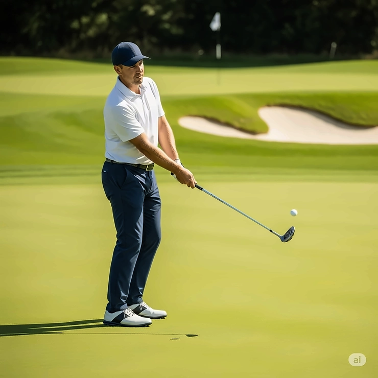 A golfer skillfully using a versatile hybrid golf club for a delicate chip shot near the green, demonstrating its utility beyond long-distance shots.