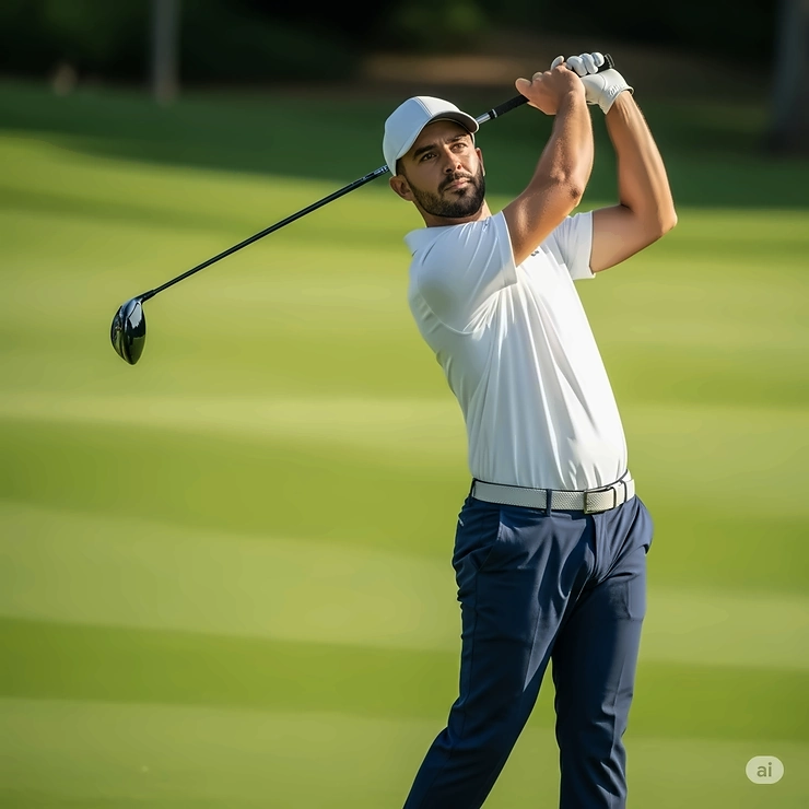 A golfer in mid-swing, expertly holding a black golf club, demonstrating proper form on the course.
