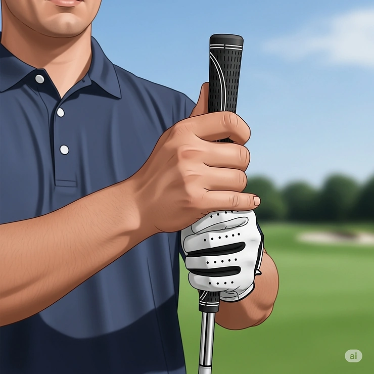 Illustration of a golfer with larger hands comfortably holding a midsize golf grip, suggesting improved comfort and reduced tension.