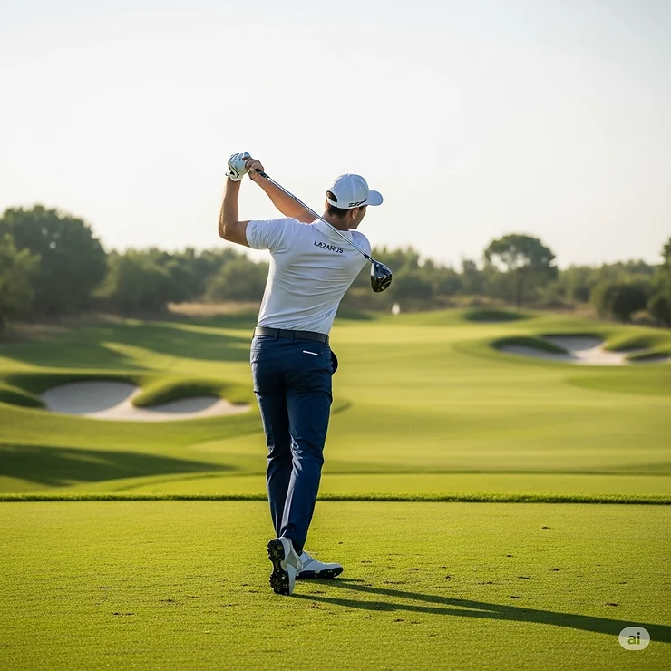 A golfer in mid-swing, confidently using Lazarus golf clubs on a scenic golf course, demonstrating their performance.