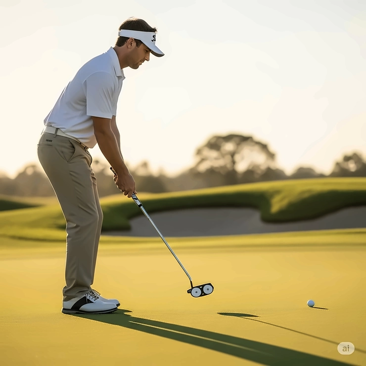Side view of a golfer in the putting stance, using an Odyssey 2-Ball golf putter to achieve better putting accuracy.