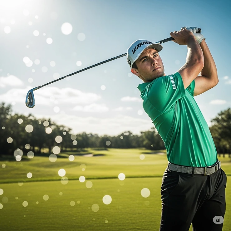 Dynamic illustration of a golfer in mid-swing, powerfully striking a golf ball with a Warrior golf club.
