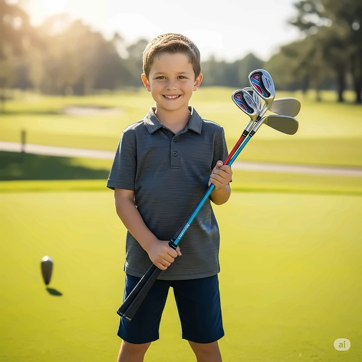 A happy child proudly holding a new set of left-handed junior golf clubs, excited to play.
