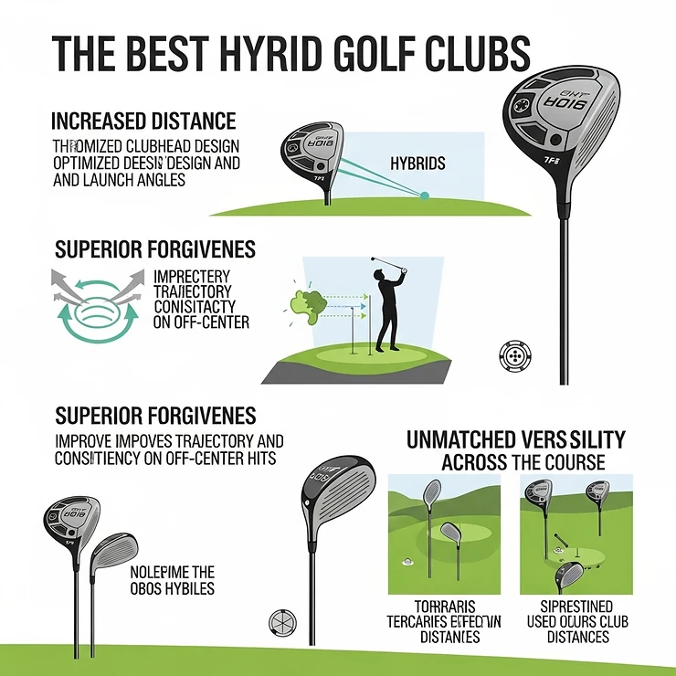 Infographic highlighting the key benefits of using the best hybrid golf clubs: increased distance, superior forgiveness, and unmatched versatility across the course.