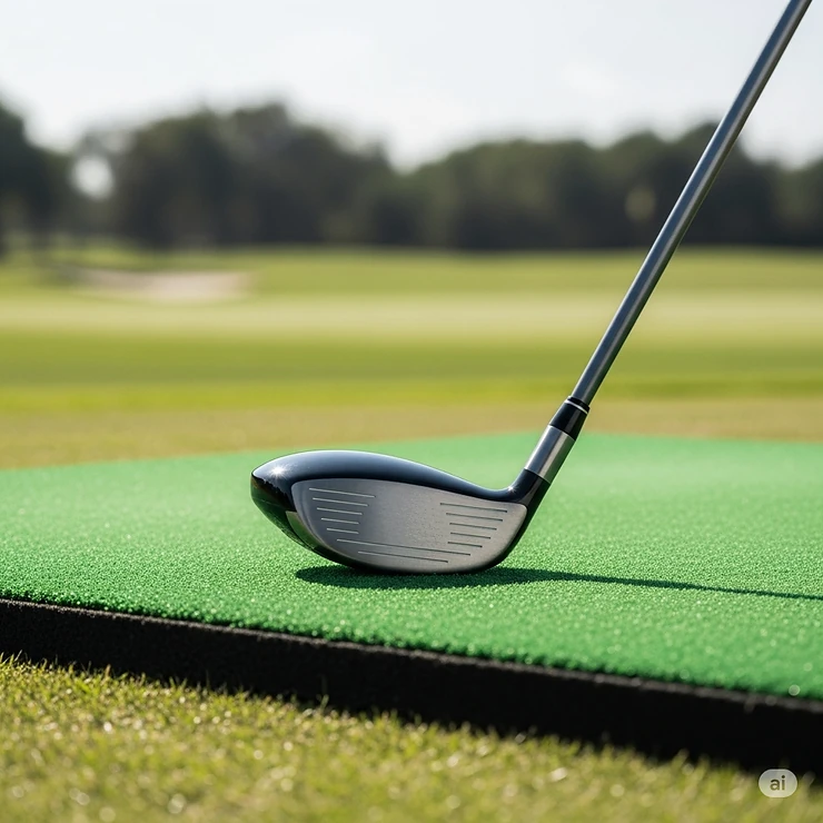 A hybrid golf club resting on a driving range mat, ready for practice, symbolizing the ease of use and consistent performance of these popular clubs for golfers of all skill levels.