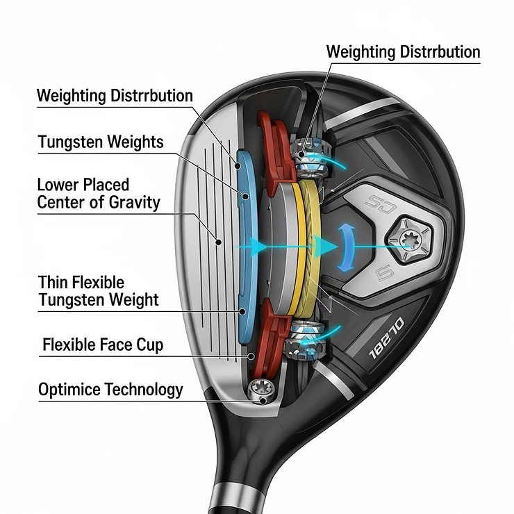 Diagram showing the internal weighting and technology within a modern hybrid golf club, engineered for optimal ball speed and trajectory.