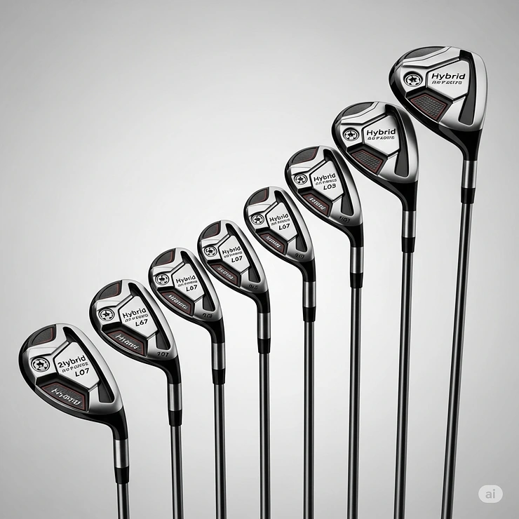 An array of hybrid golf clubs displaying various loft options, illustrating how different lofts can replace specific long irons or fairway woods for better shot gapping.