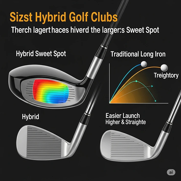 Visual comparison between a hybrid golf club and a traditional long iron, highlighting the larger sweet spot and easier launch of the best hybrid golf clubs.