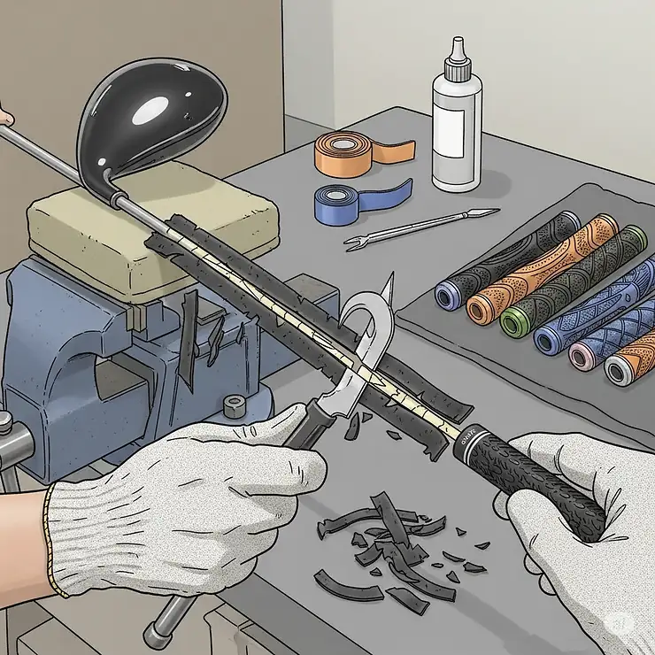 Illustration showing the initial step of installing an oversize golf grip, such as removing the old grip from a golf club shaft.