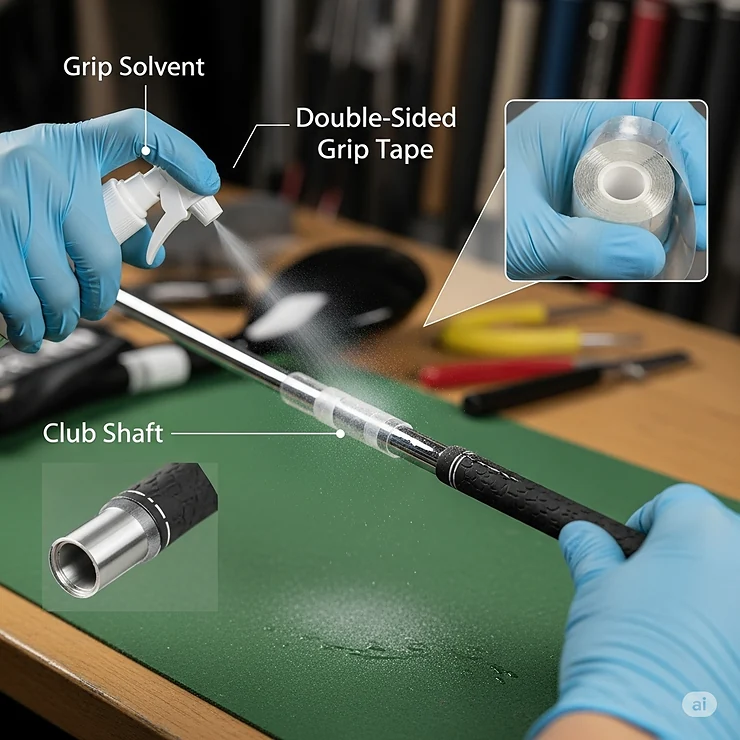 Diagram detailing a subsequent step in applying an oversize golf grip, like applying grip solvent or tape to the club shaft.