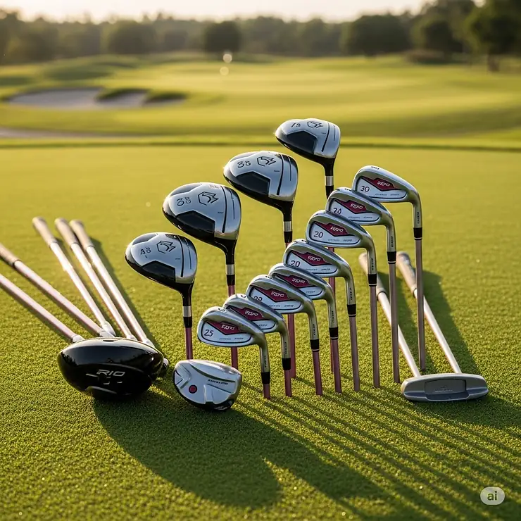 A complete set of stylish ladies petite golf clubs, perfectly sized for shorter golfers, arranged neatly on a lush green golf course.