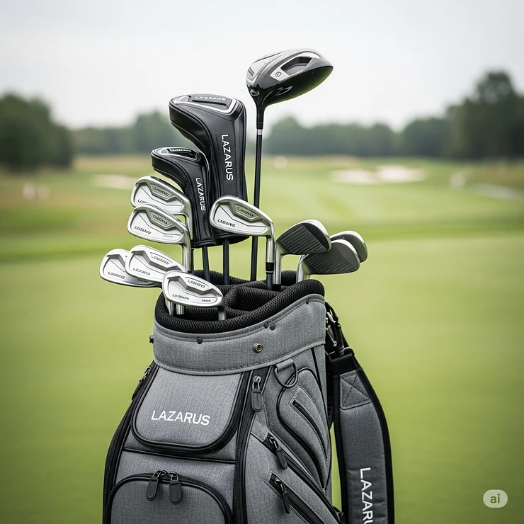 A stylish golf bag filled with a complete set of Lazarus golf clubs, ready for a round on the course.