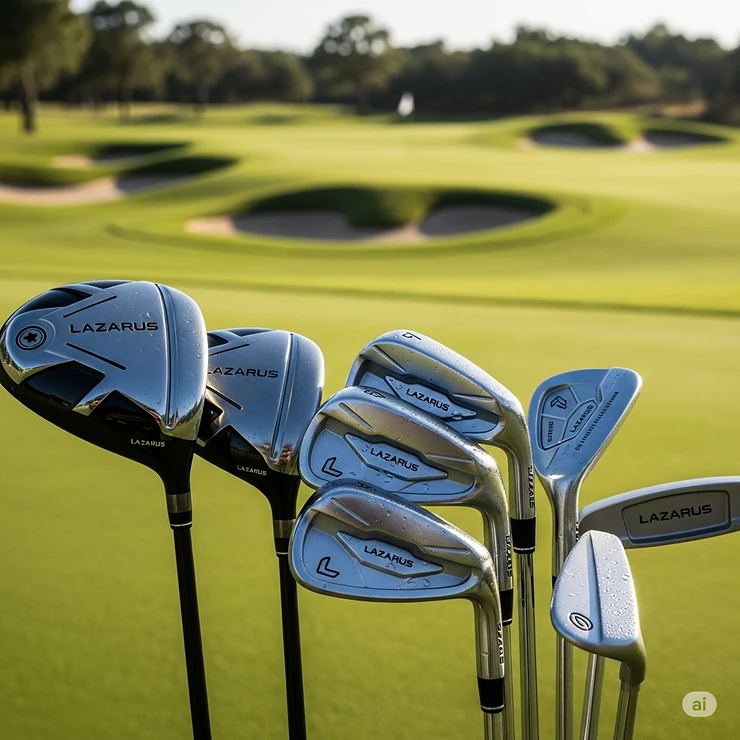 Close-up view of a set of premium Lazarus golf clubs resting on a golf course, showcasing their sleek design and quality craftsmanship.