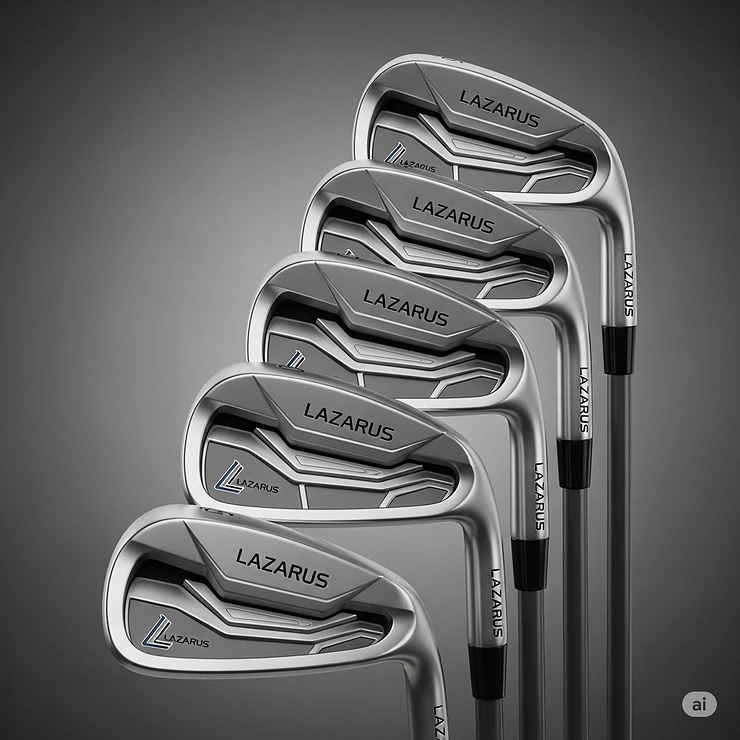An organized set of Lazarus golf irons, highlighting the precise engineering and durable materials of each club.
