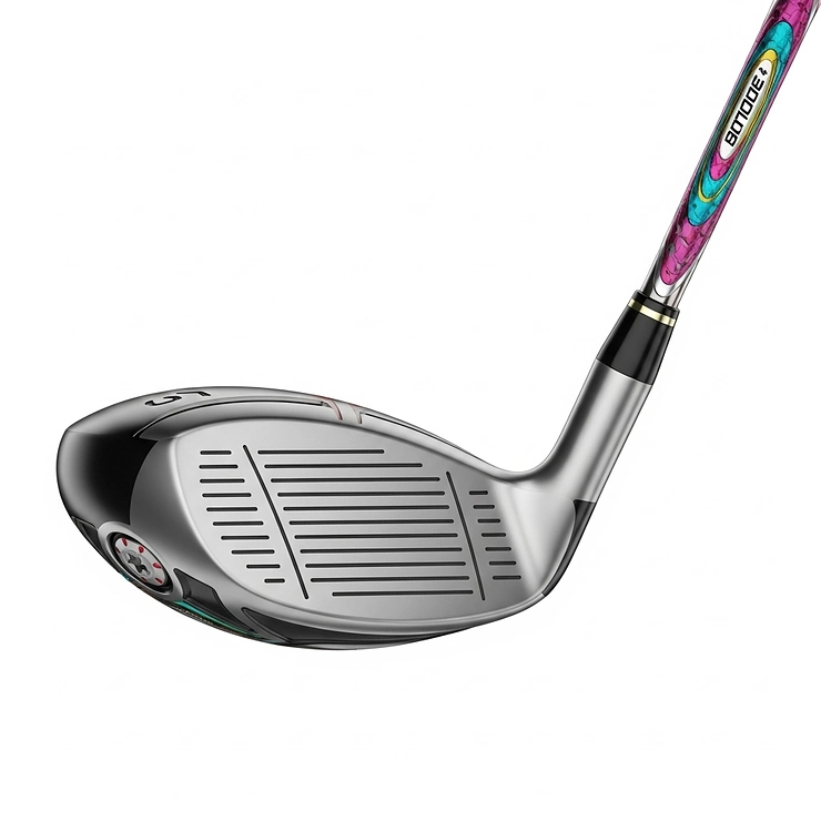 An individual left handed hybrid golf club, highlighting its unique design that blends the distance of a wood with the accuracy of an iron, perfect for various lies.