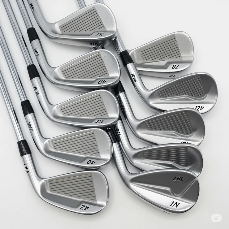 An overhead shot of a neatly arranged set of left handed golf irons (e.g., 4-PW), highlighting their progressive sizing and design for various shots on the golf course.
