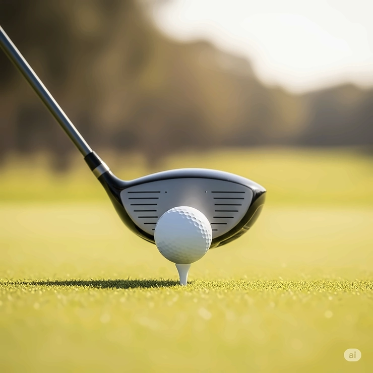 A golf ball set on a tee with a left handed golf driver positioned behind it, ready for a powerful drive off the tee.