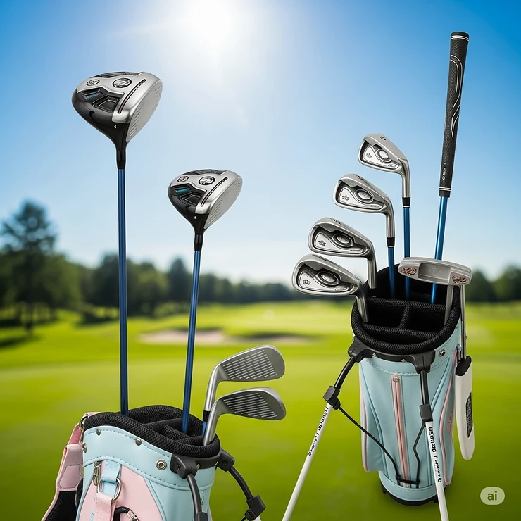 Left-handed junior golf clubs in a stand on a sunny golf course, ready for a young golfer.