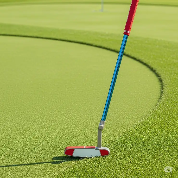 A left-handed junior putter resting on a golf green, perfect for developing putting skills.