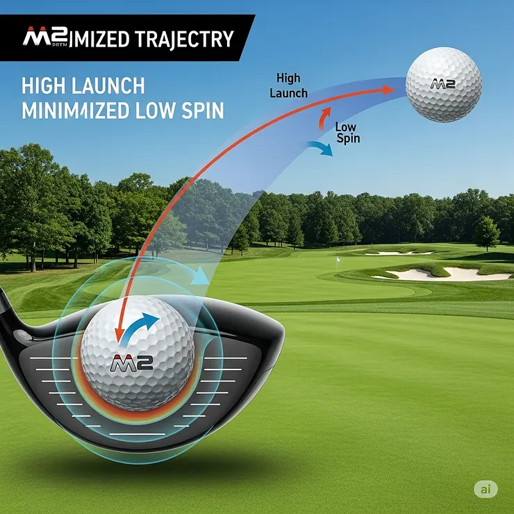An illustration showing a golf ball trajectory optimized by the M2 driver, demonstrating a high launch and low spin flight path for maximum distance.