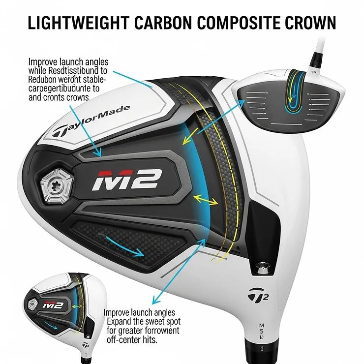 An illustration showcasing the lightweight carbon composite crown of the TaylorMade M2 driver, explaining how it repositions weight for optimal launch and forgiveness.