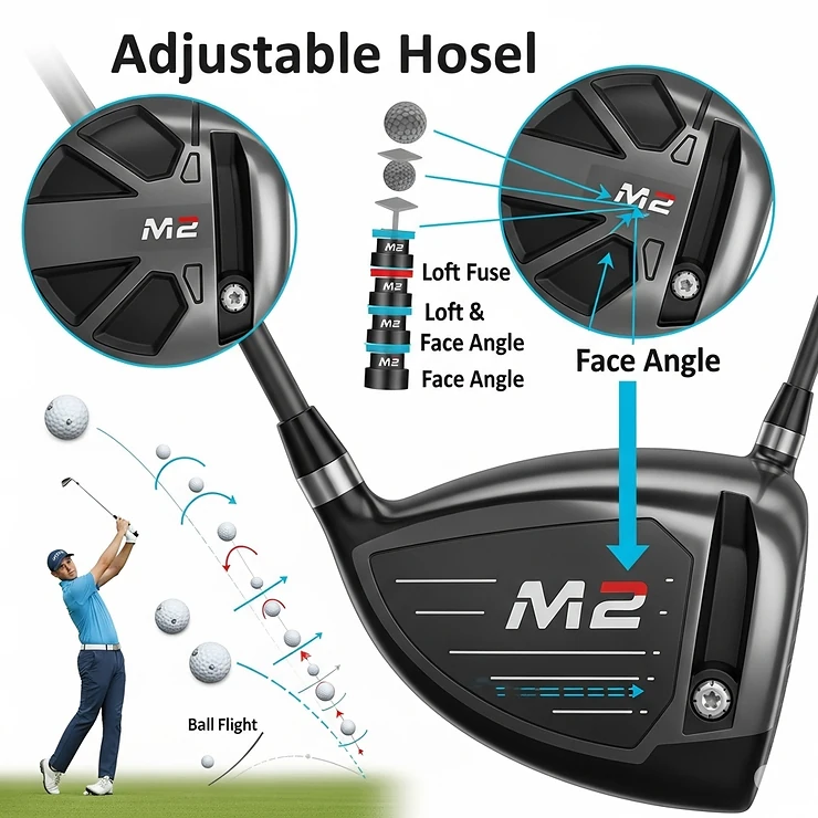 An illustration depicting the adjustable hosel of the M2 driver, allowing golfers to customize loft and face angle for personalized ball flight.