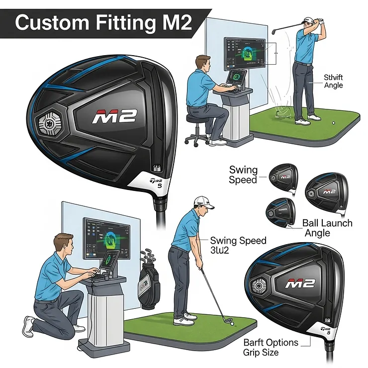 An illustration of a golfer getting fitted for an M2 driver, highlighting the importance of professional fitting for optimizing performance with this club.