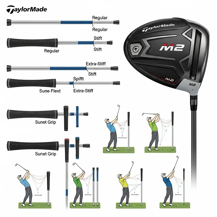 An illustration showcasing various shaft and grip options available for the TaylorMade M2 driver, emphasizing customization for different swing types.
