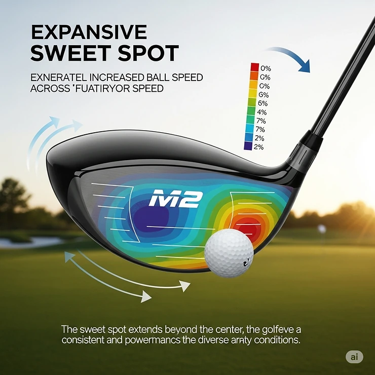 An illustration highlighting the large sweet spot on the TaylorMade M2 driver, demonstrating its forgiveness and enhanced ball speed across the face.