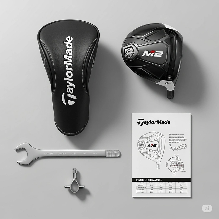 A flat lay illustration displaying all components included with the TaylorMade M2 driver, such as the headcover, wrench, and instruction manual.