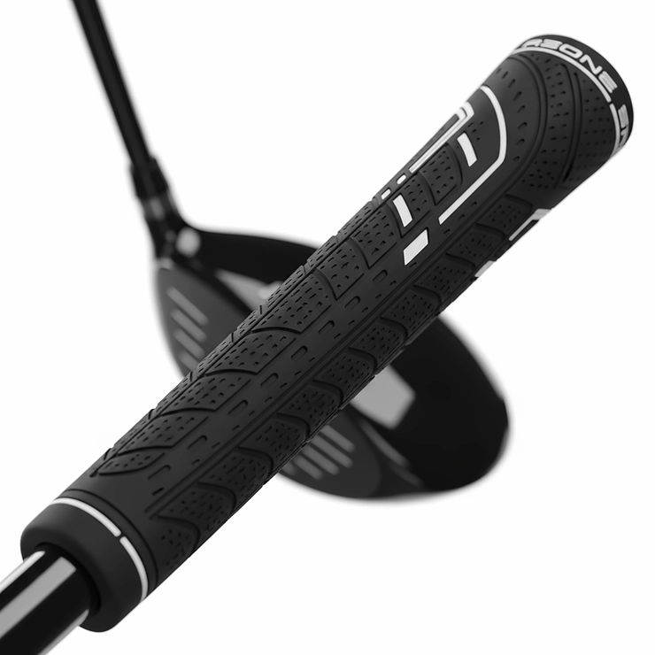 Close-up of a midsize golf grip installed on a driver, showcasing its comfortable feel and textured surface for enhanced control.