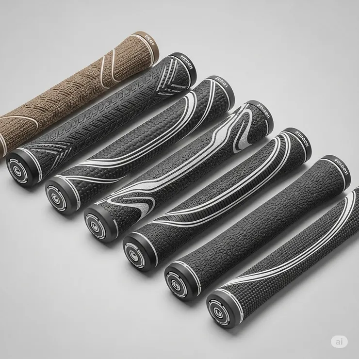 Array of various midsize golf grip styles and textures, including corded, all-weather, and soft rubber options for different preferences.