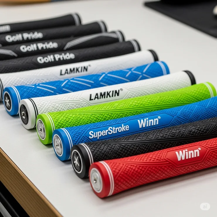 A display of several new midsize golf grips ready for installation, showcasing a variety of popular brands and colors.