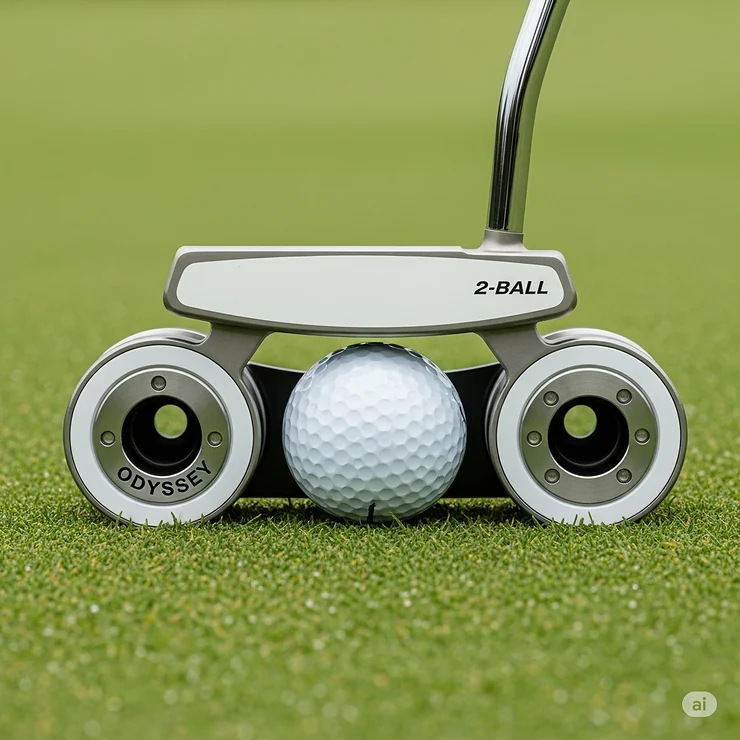 Close-up of an Odyssey 2-Ball golf putter positioned behind a golf ball, emphasizing its alignment aid for precise aiming.