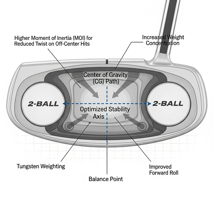 Diagram illustrating the optimized weight distribution within an Odyssey 2-Ball golf putter for enhanced stability and balance.